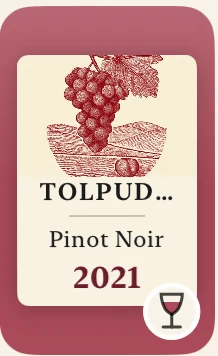 The plate Punt drew for a Tolpuddle Pinot Noir: engraved grapes over a cool valley, on rose red