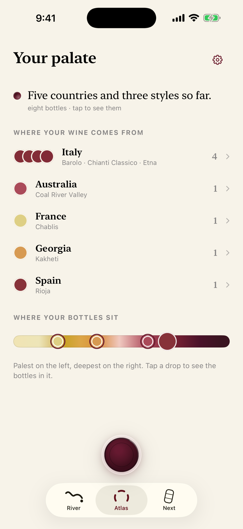 The Punt Atlas: a sentence about the drinker, the countries their bottles come from, and a band showing where those bottles sit from palest to deepest